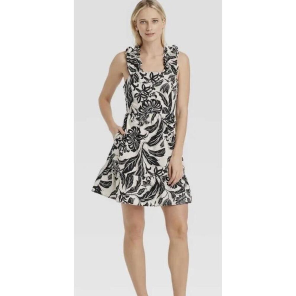 Who What Wear Dress Women's XS Black Cream Batik Floral Sleeveless Back Ribbon